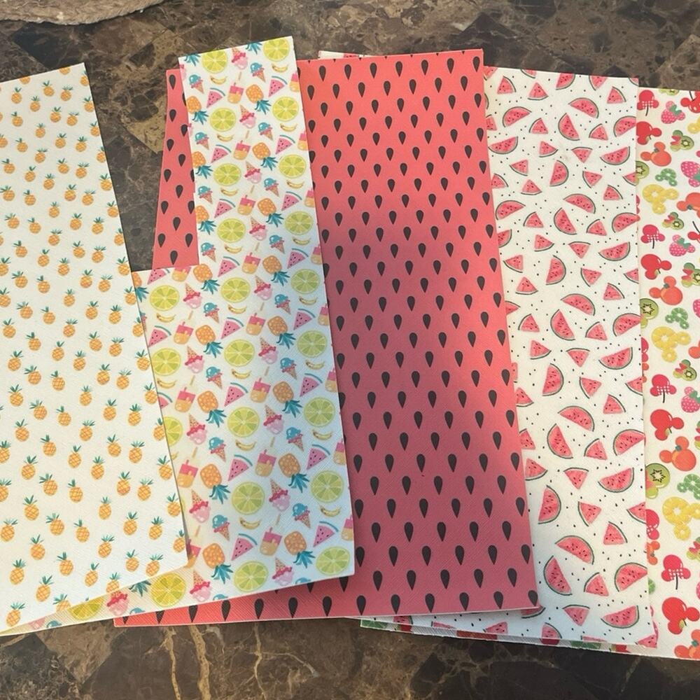 5 sheets of faux leather fruity approx size 7x12. 2 sheets partially used.